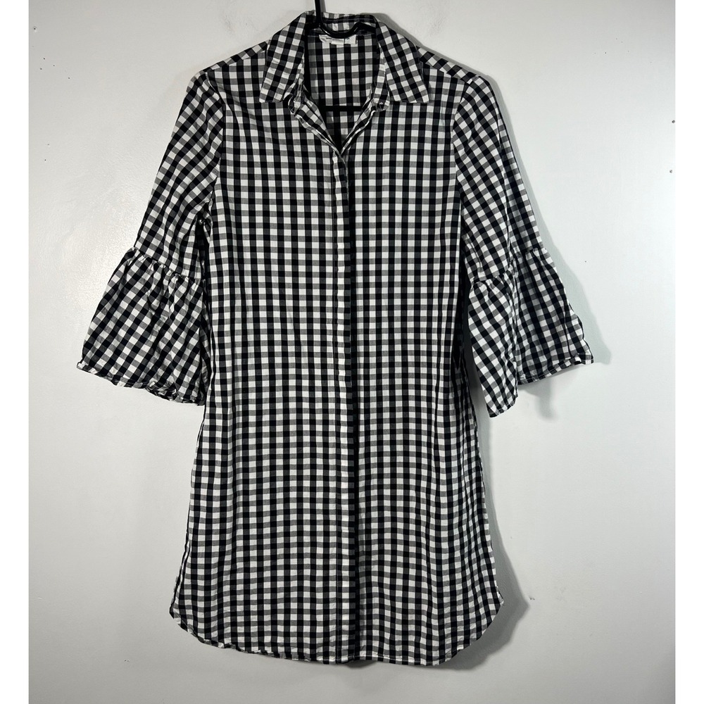 Beach Lunch Lounge Gingham Button Shirt Dress Bell Ruffle Sleeve S/P